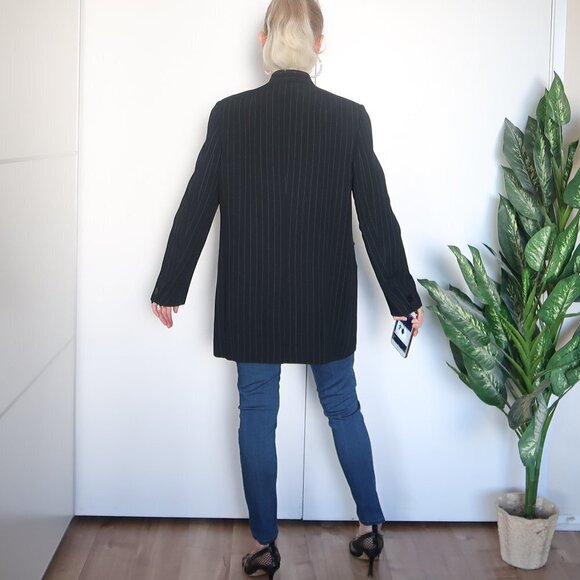 DKNY Long Pinstipe Stand Collar Career Suit Blazer - Picture 4 of 16